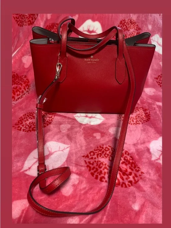 kate spade red leather tote with gold logo lettering - Picture 2 of 5